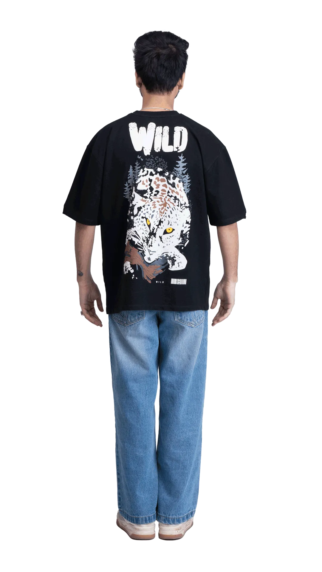 Oversized black graphic tee featuring a detailed snow leopard forest print, premium urban streetwear