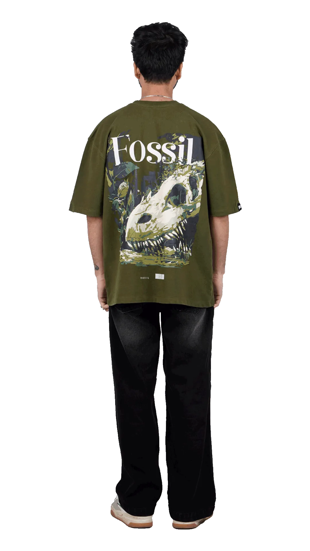 Olive green streetwear shirt featuring a large dinosaur fossil skull back print and white Fossil typography