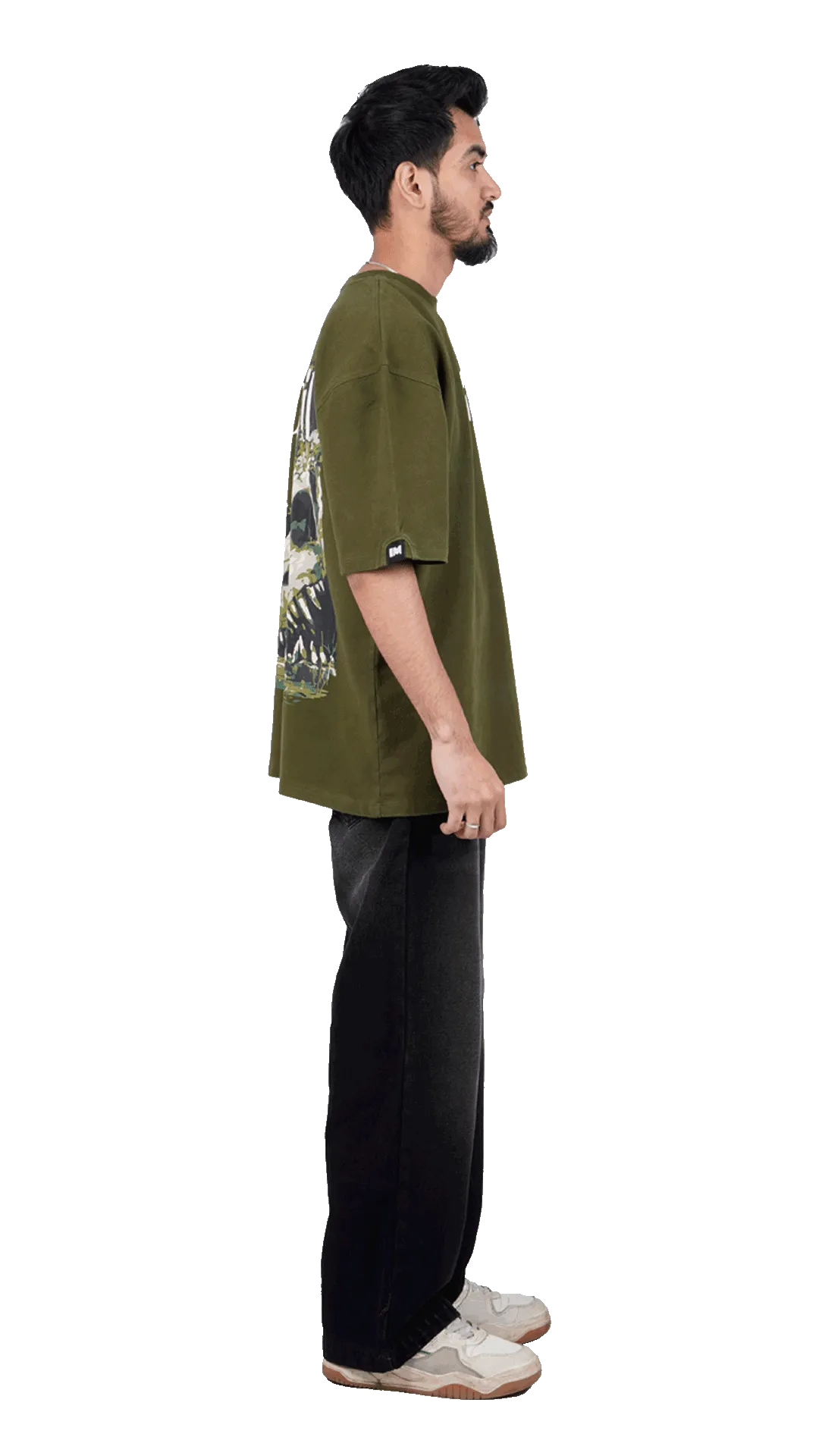 Drop shoulder olive green t-shirt with loose half sleeves, baggy fit streetwear aesthetic