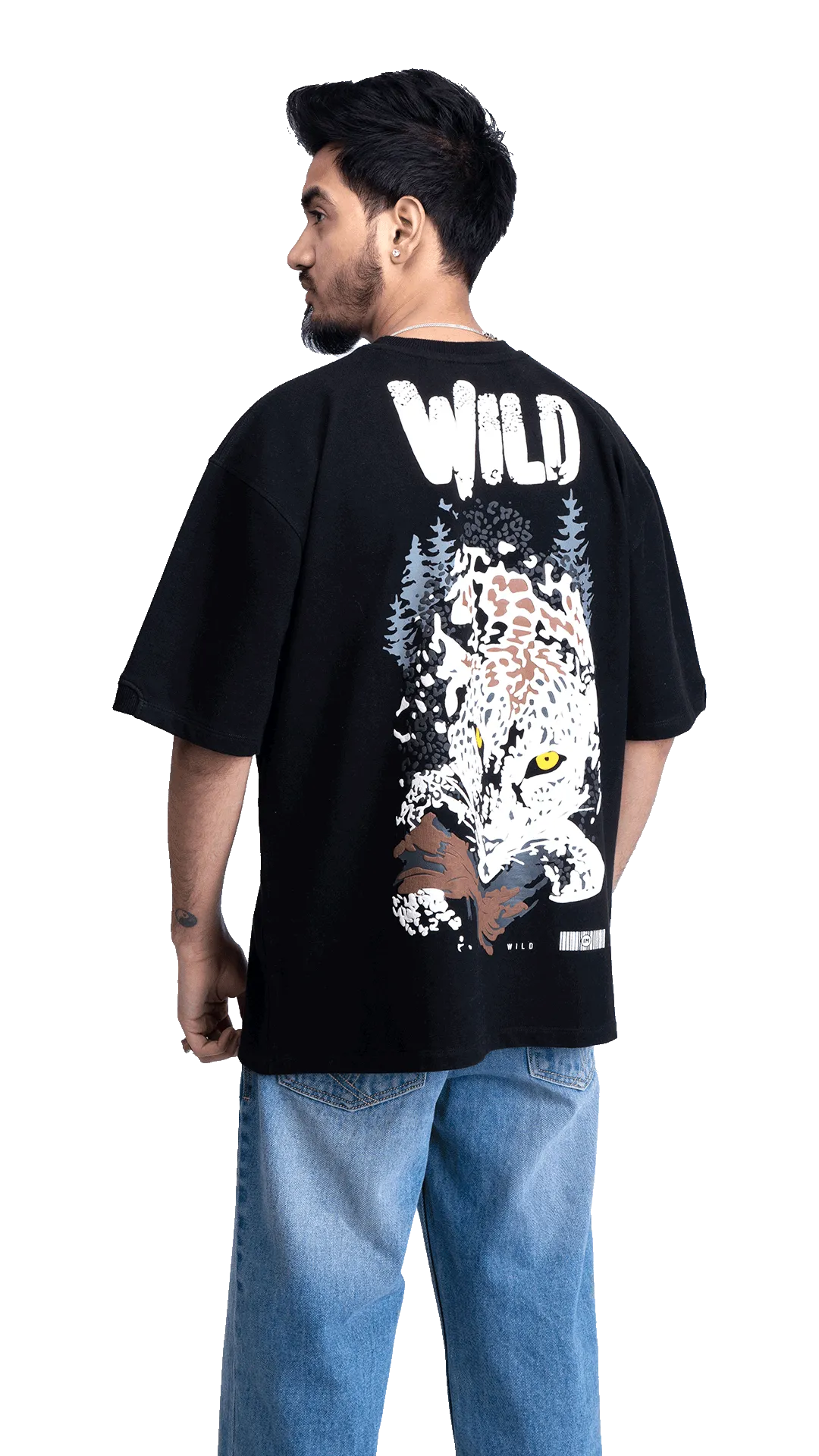 Black streetwear t-shirt with a large leopard graphic back print and white Wild typography