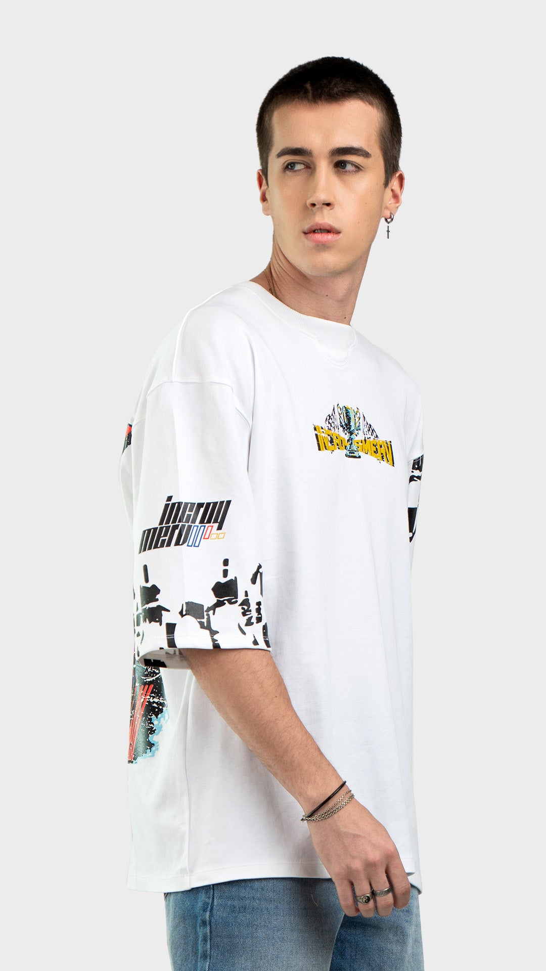 Mediumweight white streetwear t-shirt. Drop-shoulder oversized graphic tee showing checkered graphic prints on the sleeves.