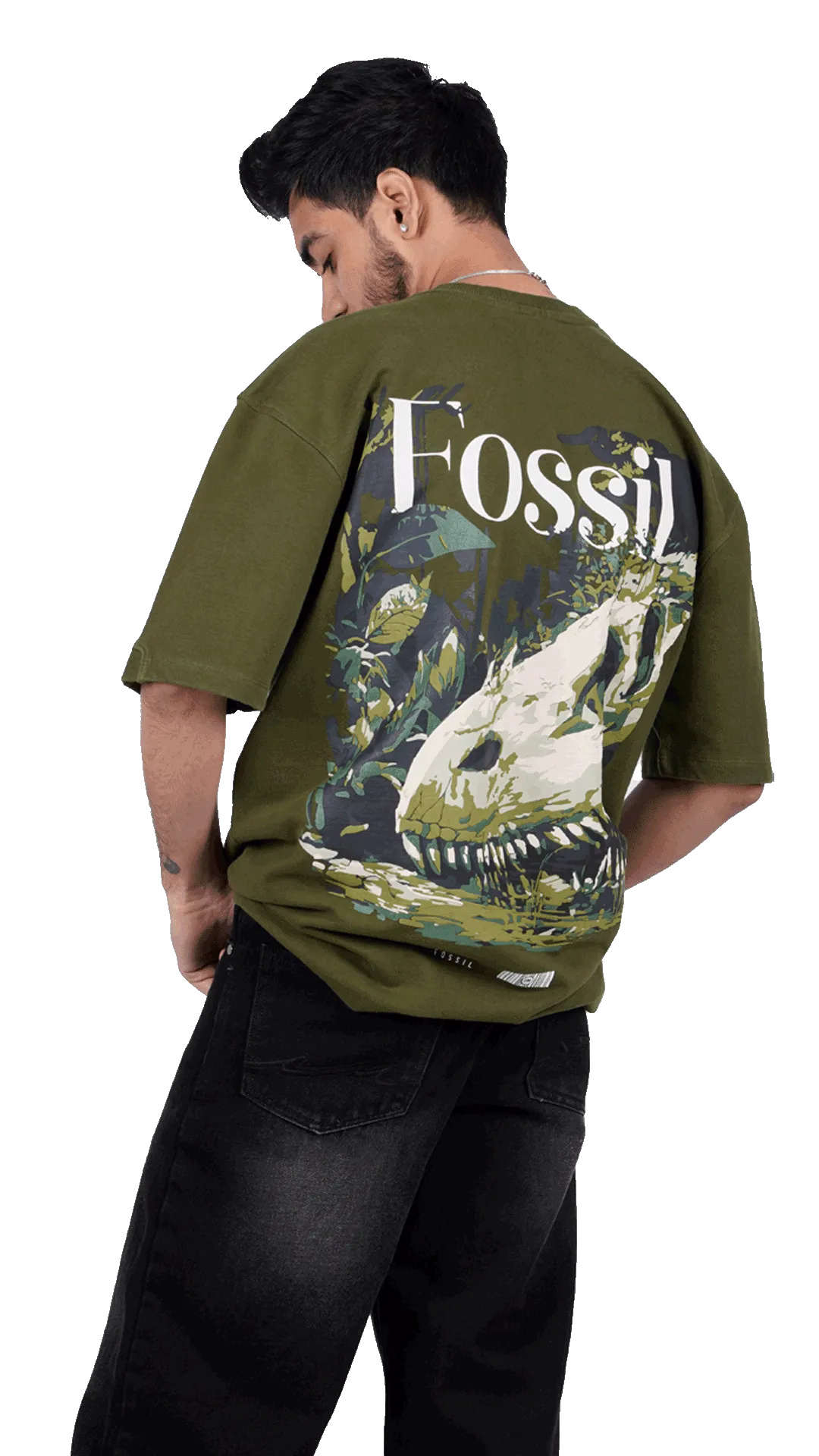 Oversized olive green graphic tee with a detailed prehistoric skeleton print, premium urban streetwear