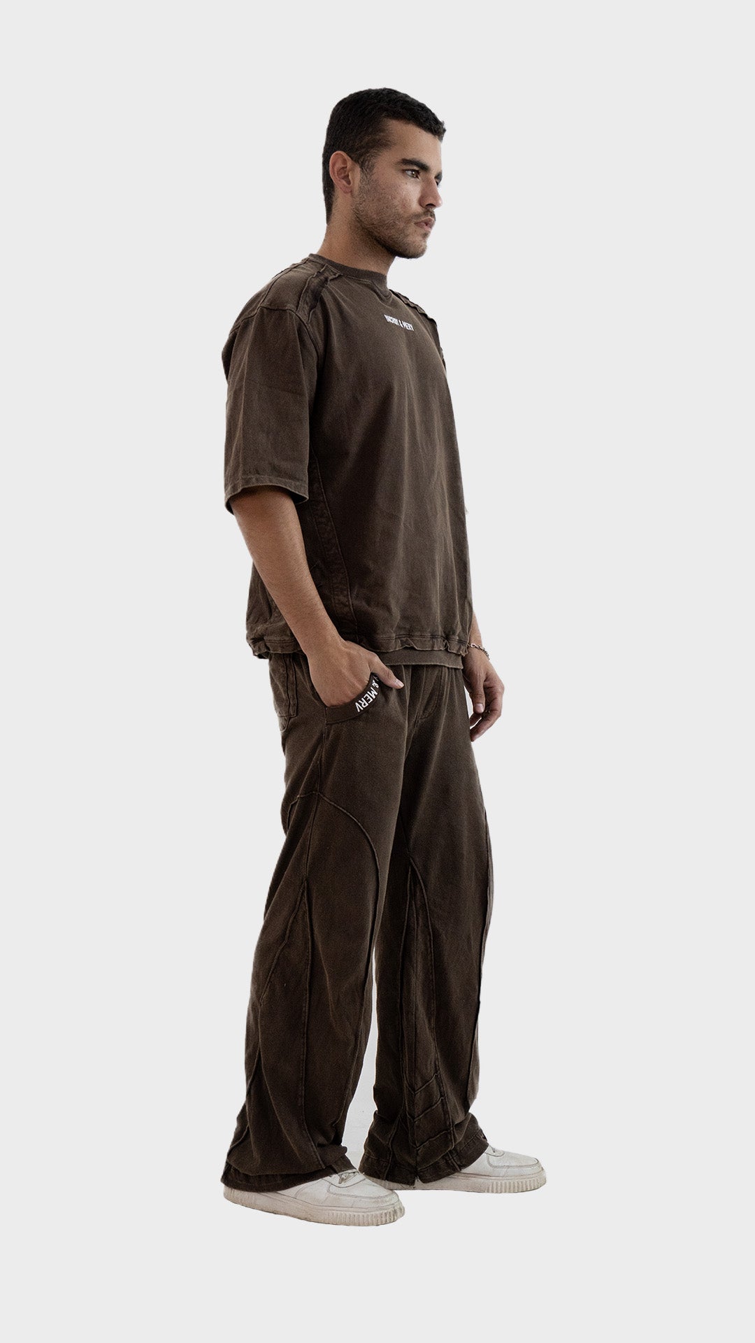 Side profile view of the Incroy and Merv Beyond Co-Ord Set in Brown highlighting the relaxed streetwear fit.