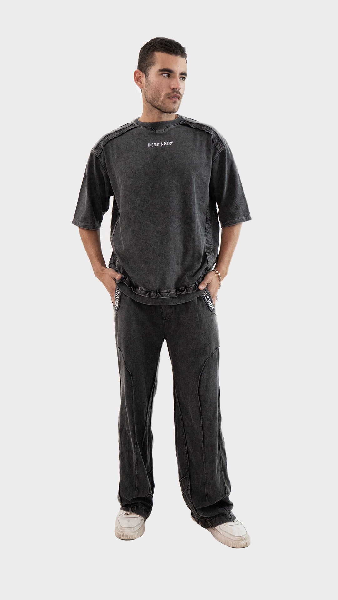Front posed view of the Incroy and Merv Beyond Co-Ord Set in Charcoal made from sinker cotton fabric.