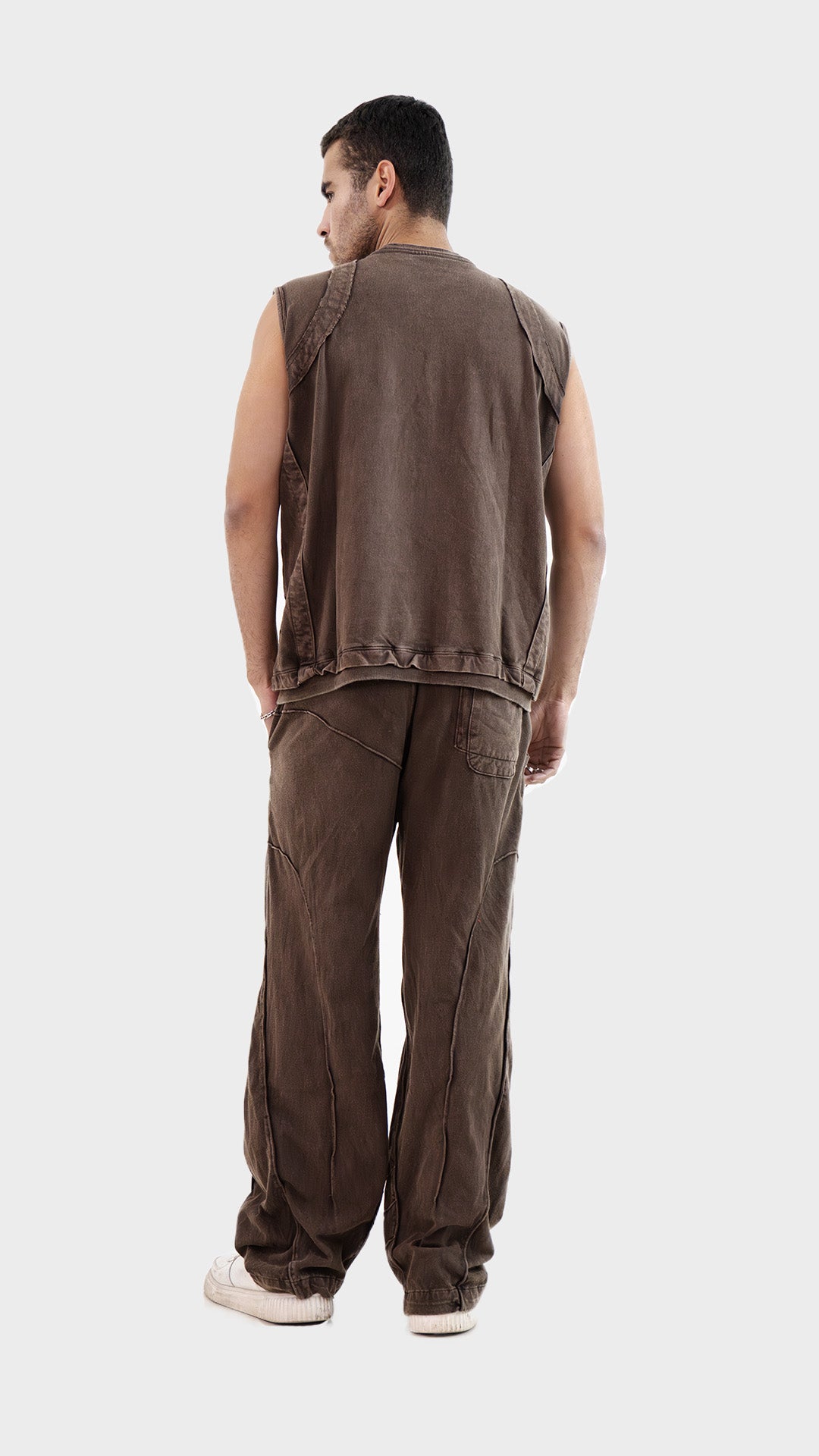 Back view of the Incroy and Merv Brown Beyond Tank Top Co-Ord Set showing the acid wash finish and relaxed fit.