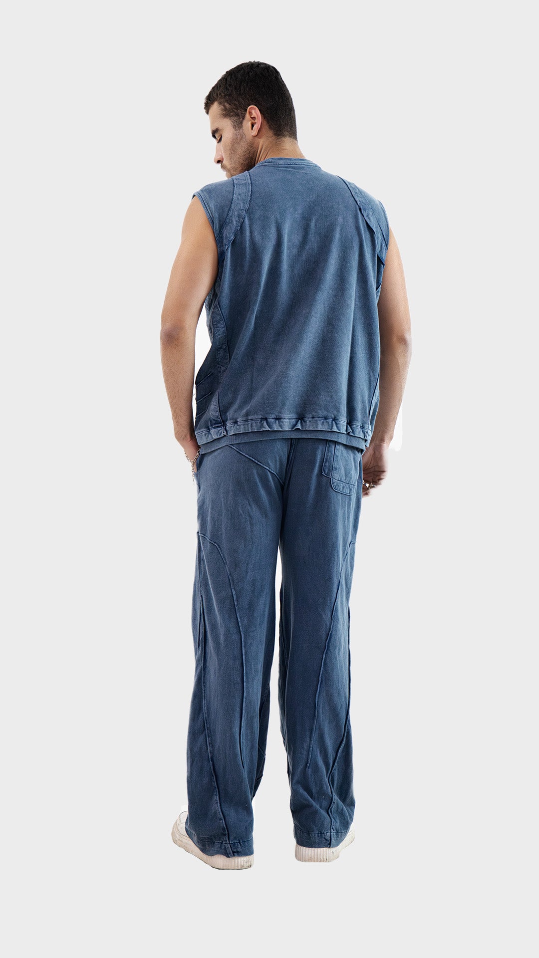 Back view of the Incroy and Merv Dusky Blue Beyond Tank Top Co-Ord Set showing acid wash finish and relaxed fit.