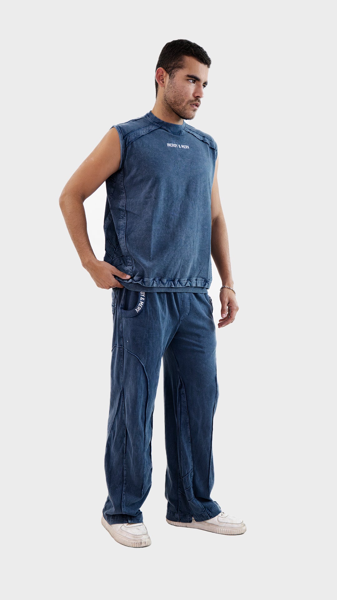 Front posed view of the Incroy and Merv Beyond Tank Top Co-Ord Set in Dusky Blue made from sinker cotton fabric.