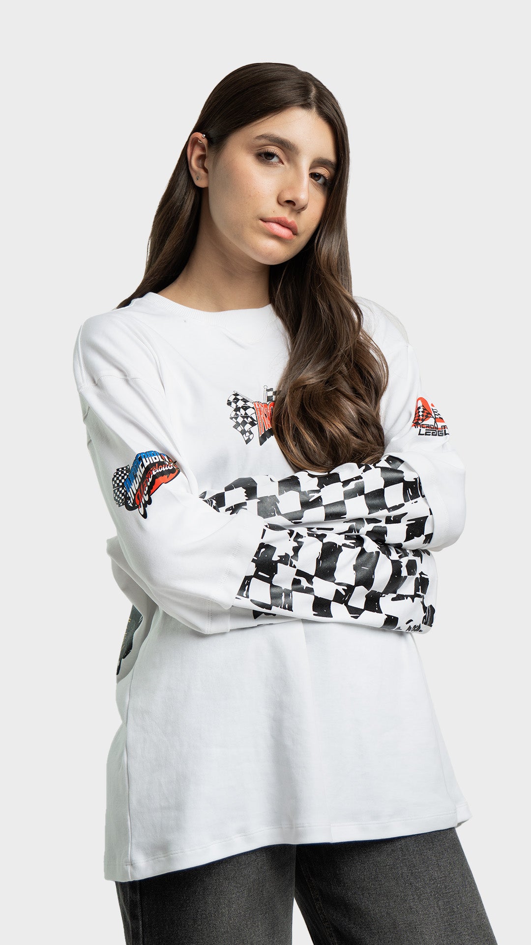 Oversized streetwear t-shirt from Incroy & Merv featuring checkered pattern sleeves.