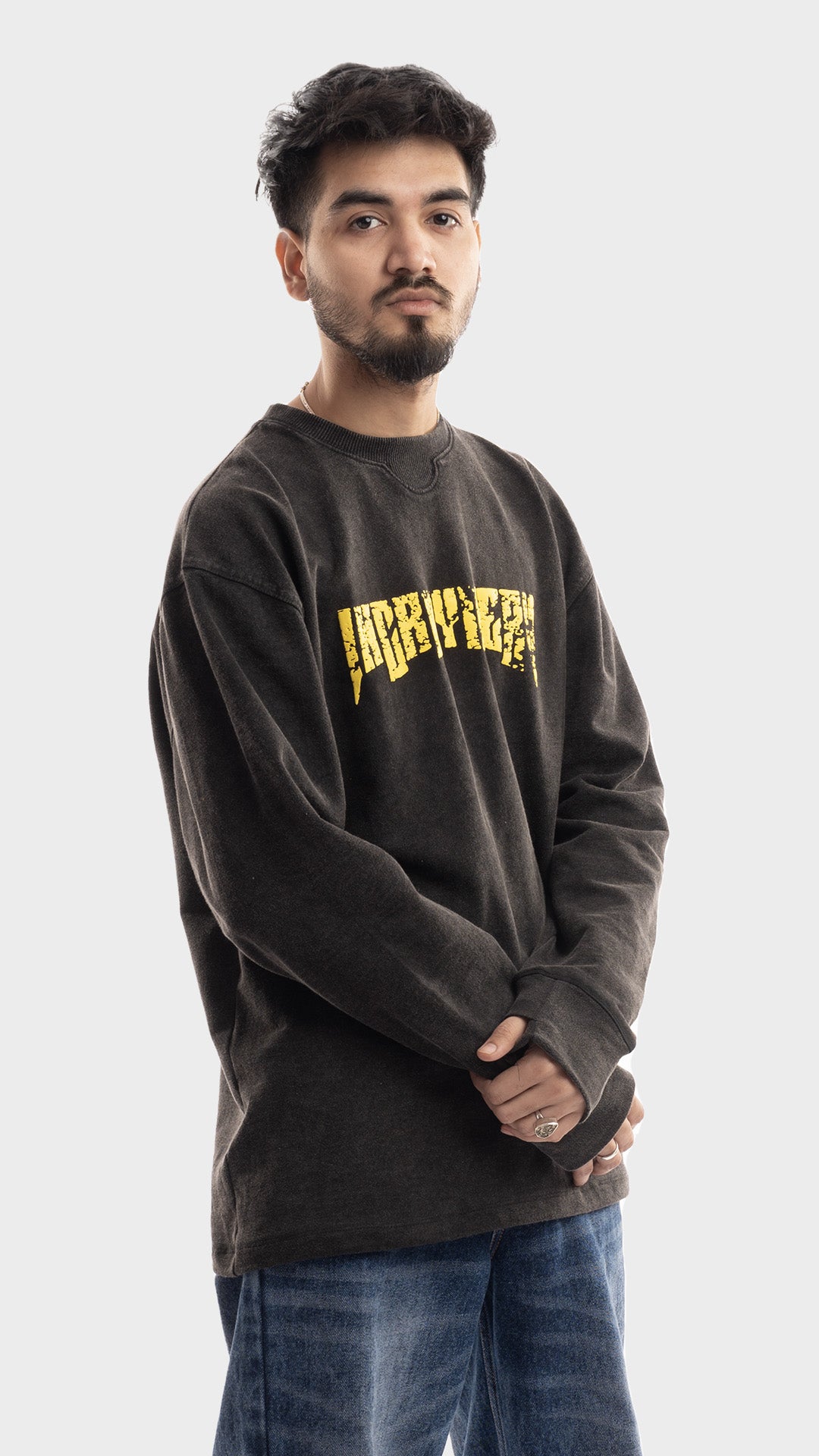 Side angle perspective of Incroy & Merv Streetwise relaxed fit heavyweight long sleeve shirt.