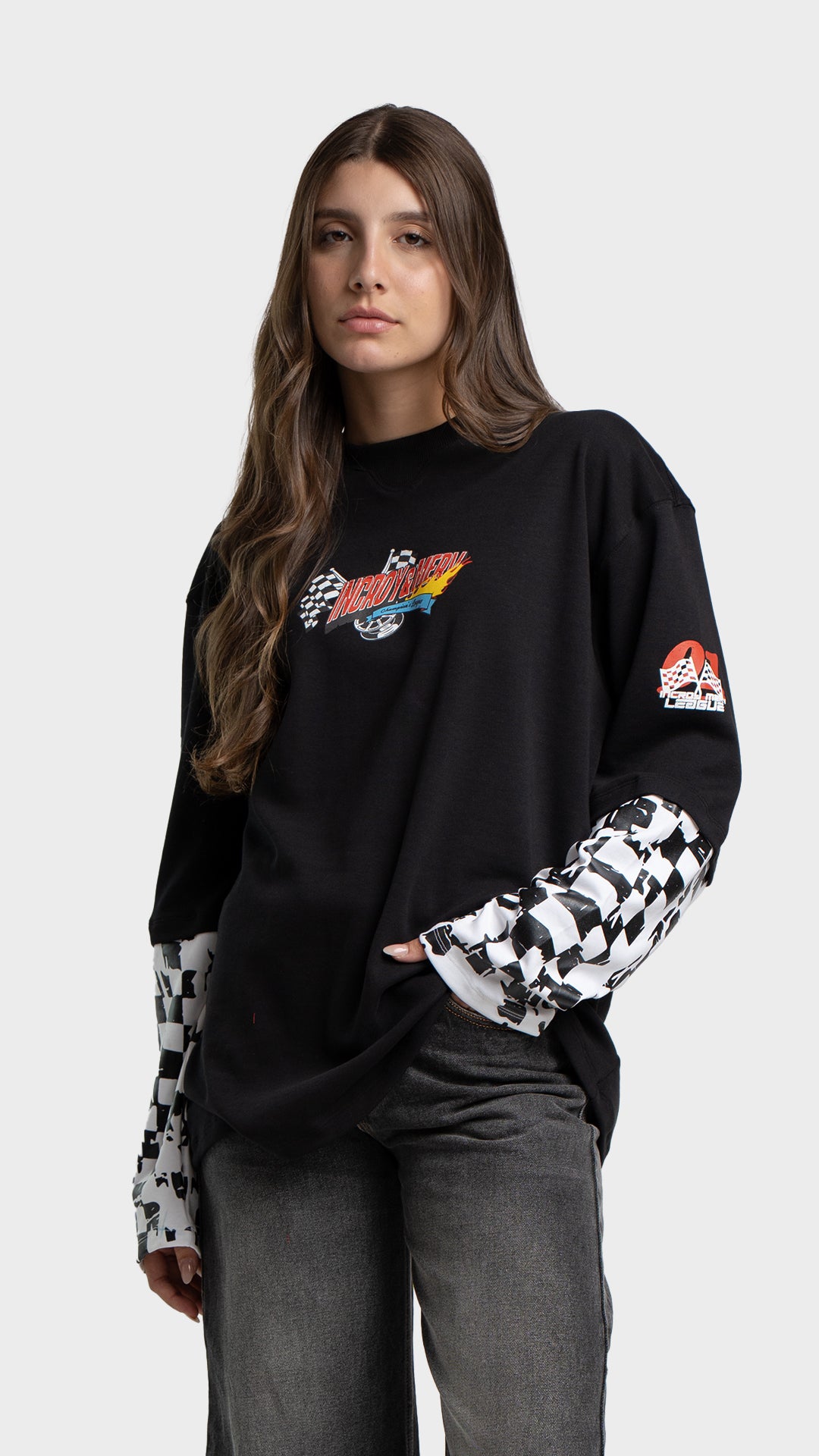 Incroy & Merv women's black oversized racing graphic t-shirt with checkered long sleeves.