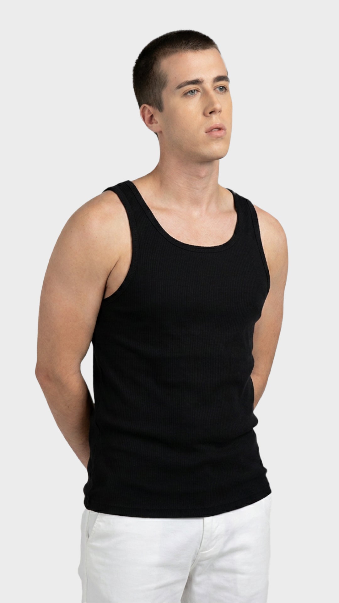 Front view of a men's black ribbed vest crafted from parker fabric.