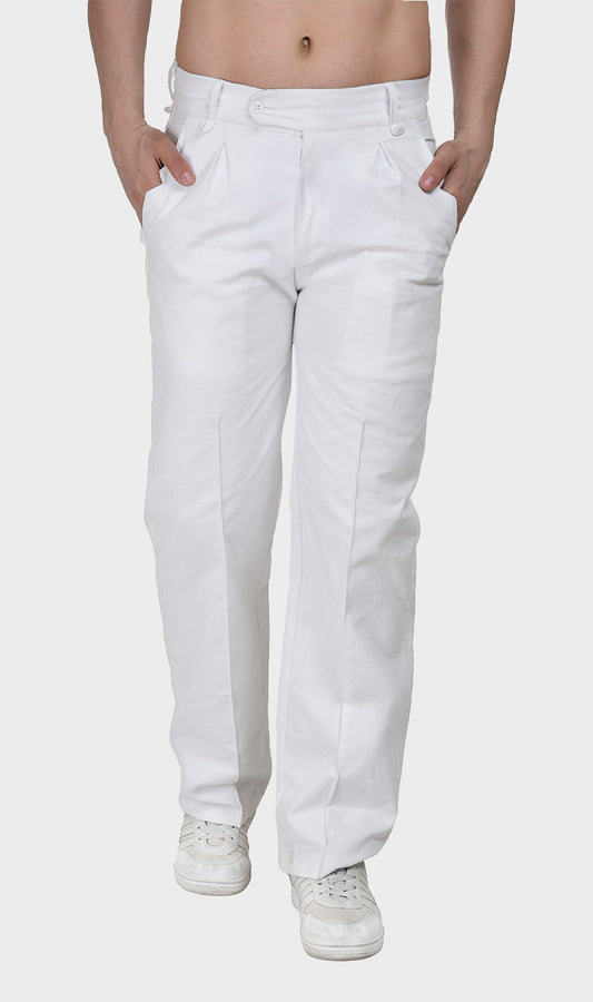 Front view of men's white trousers crafted from heavy 13 oz cotton drill fabric, featuring double front pleats and side slash pockets.