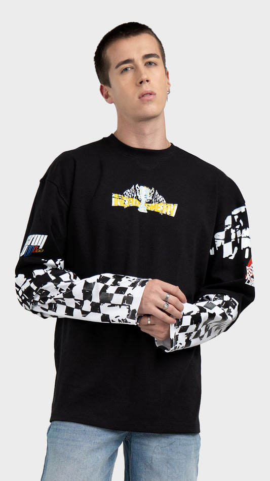 Mens black double sleeve graphic tee. Incroy & Merv mediumweight summer streetwear shirt with a lightweight feel and layered checkered sleeves.