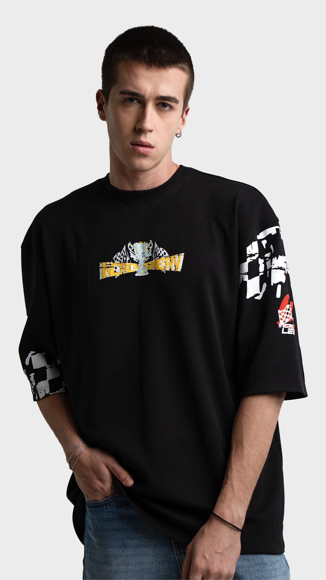 Mens black oversized graphic tee. Incroy & Merv mediumweight summer streetwear t-shirt with a lightweight feel.