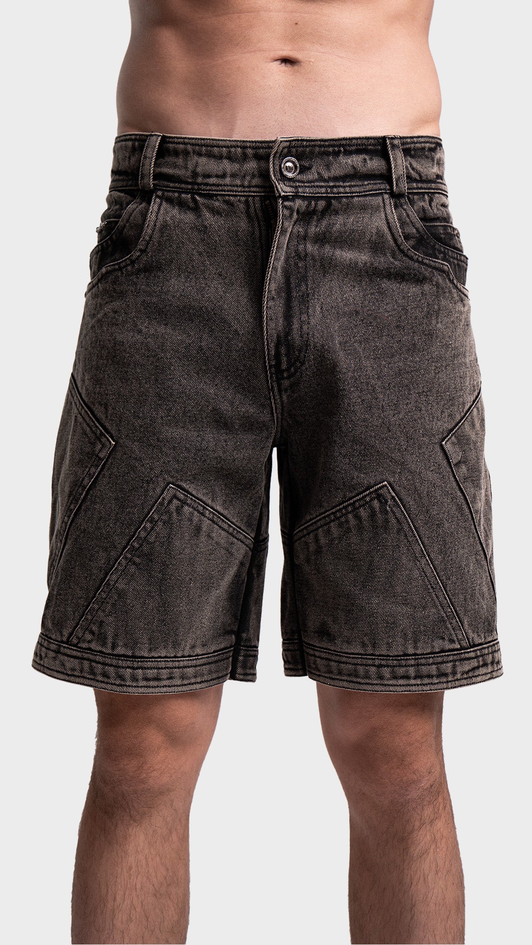 Straight front view of men's dark grey acid wash denim shorts.