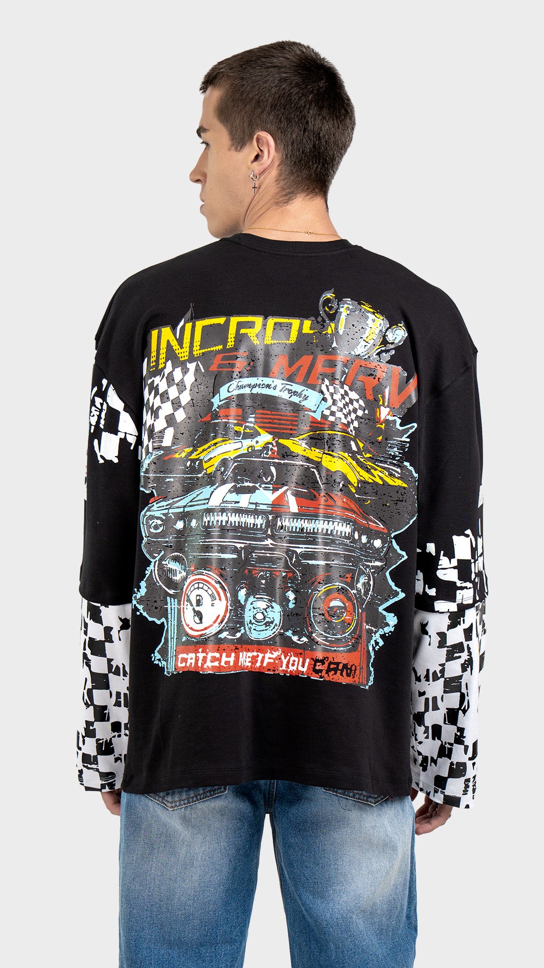 Long sleeve racing graphic tee with back print. Incroy & Merv black mediumweight summer streetwear top featuring a bold vintage race car graphic.