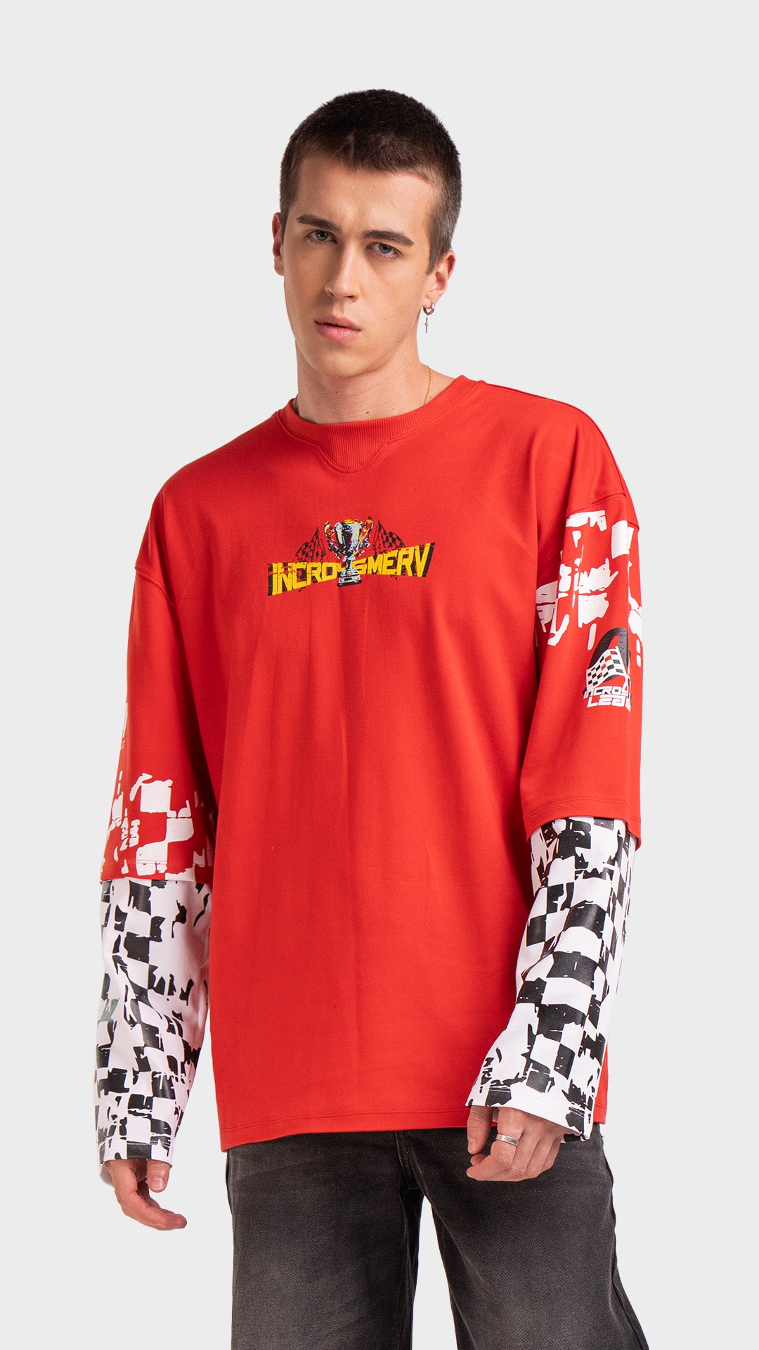 Mens red double sleeve graphic tee. Incroy & Merv mediumweight summer streetwear shirt with a lightweight feel and layered checkered sleeves.