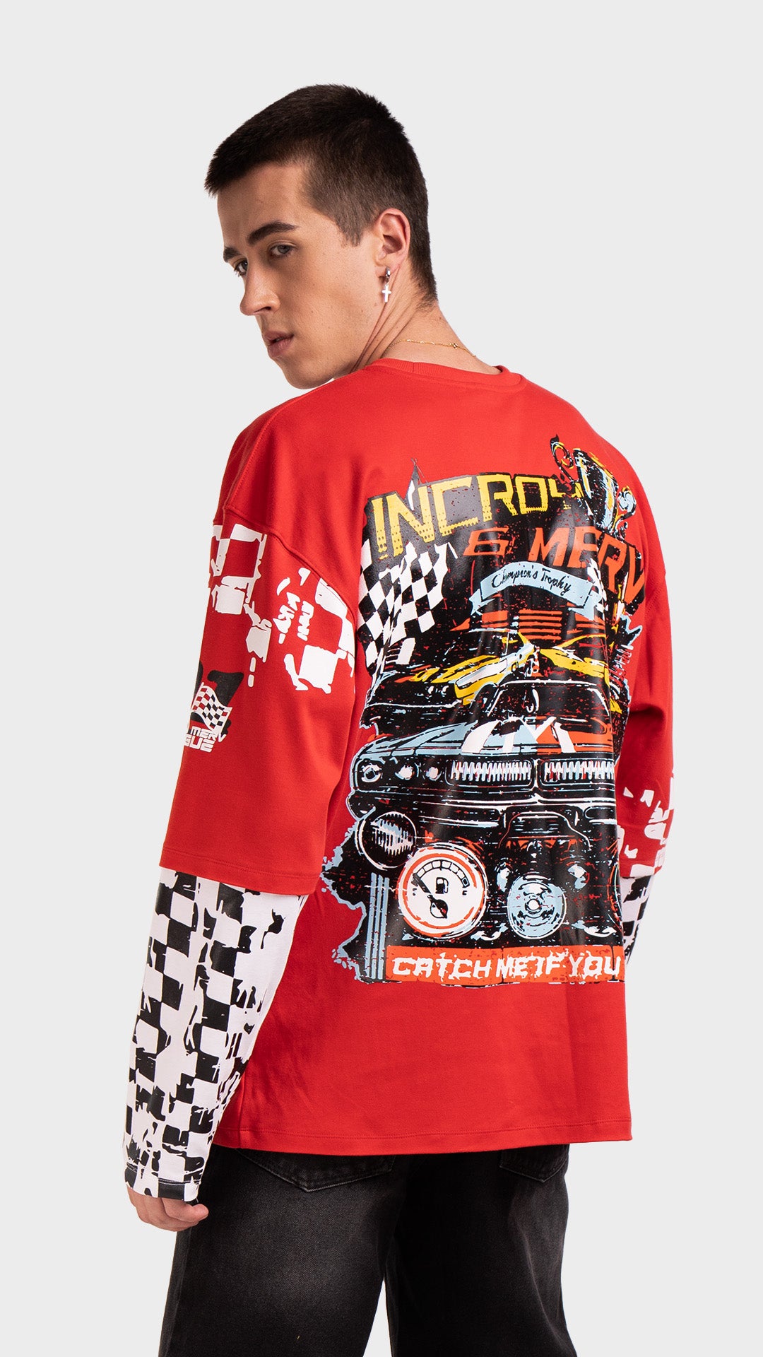 Red long sleeve racing graphic tee with back print. Incroy & Merv mediumweight summer streetwear top featuring a bold vintage race car graphic.