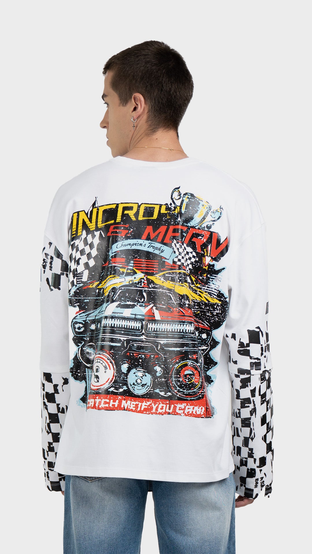 White long sleeve racing graphic tee with back print. Incroy & Merv mediumweight summer streetwear top featuring a bold vintage race car graphic.