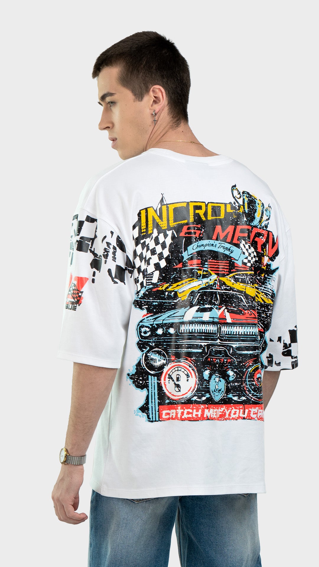 Racing graphic t-shirt with large back print. Incroy Merv clean white streetwear tee featuring vibrant vintage race car graphic.