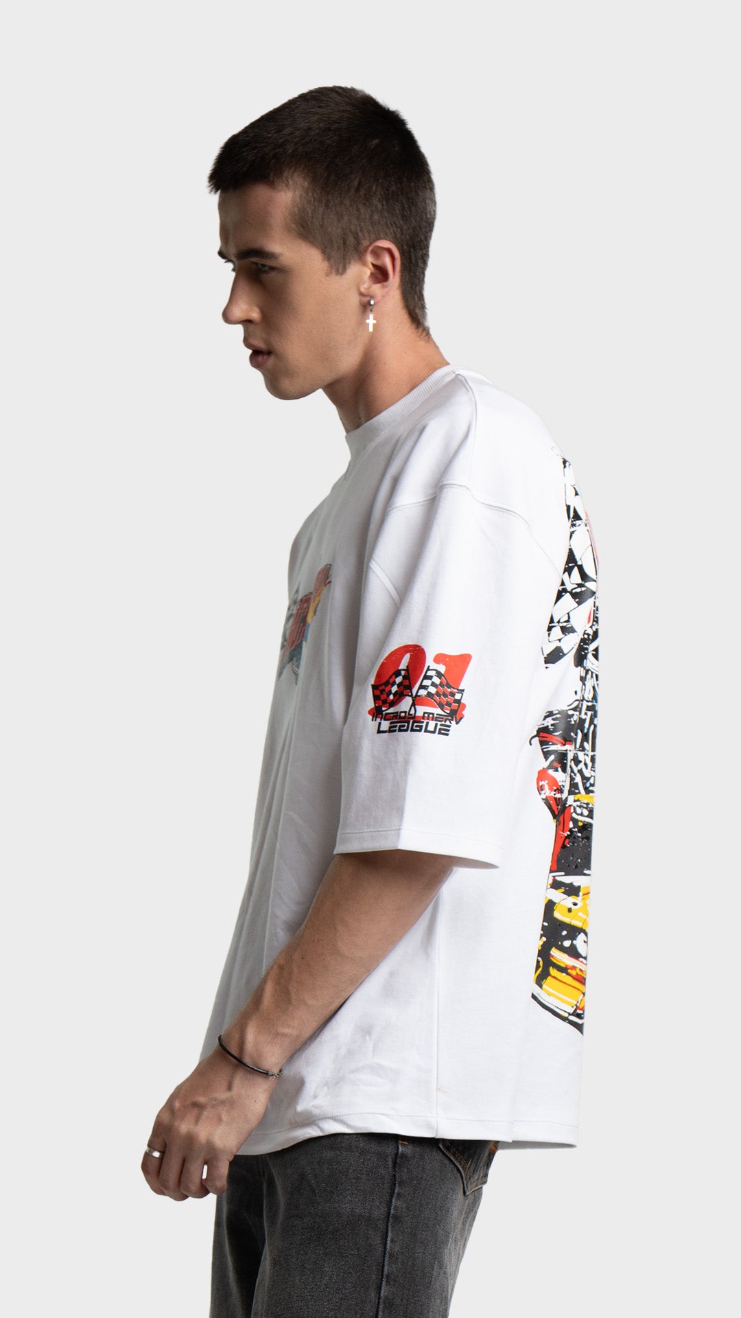 Left side profile of a men's white oversized racing t-shirt.