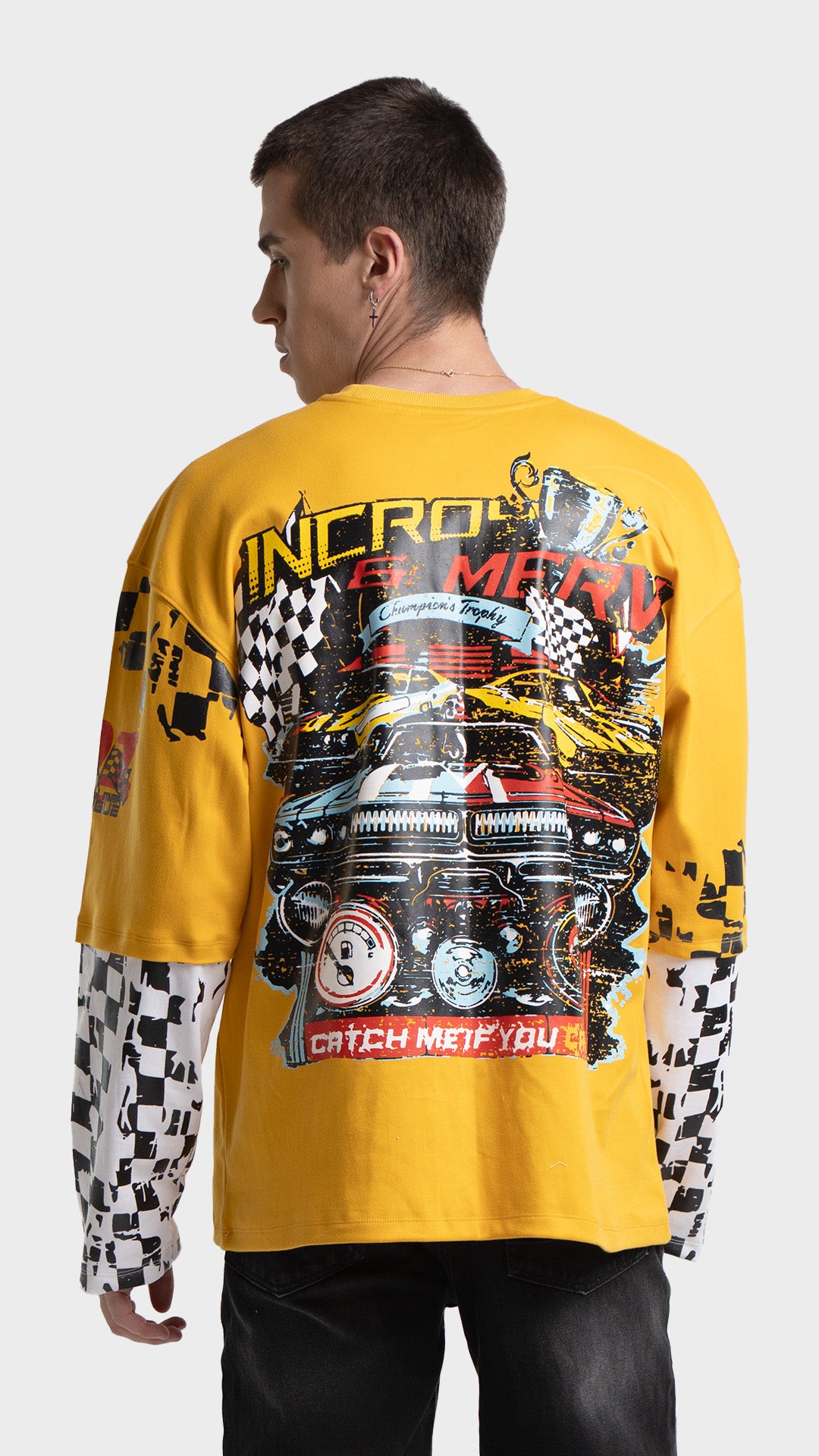 Yellow long sleeve racing graphic tee with back print. Incroy & Merv mediumweight summer streetwear top featuring a bold vintage race car graphic.