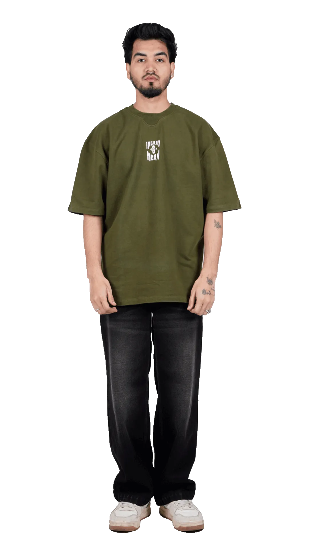 Olive green oversized t-shirt in a boxy loose fit with a small chest logo, Incroy & Merv streetwear