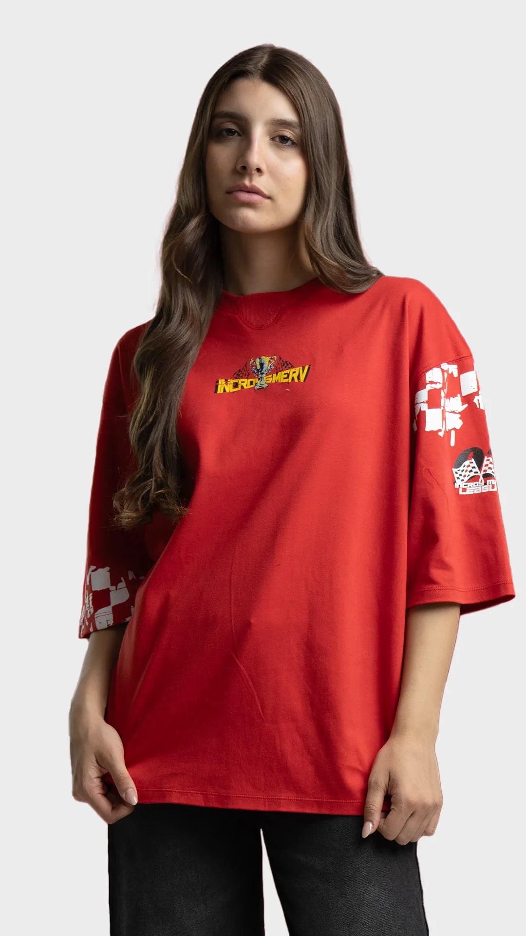 Red oversized graphic t-shirt. Incroy & Merv premium streetwear t-shirt with checkered sleeve details.