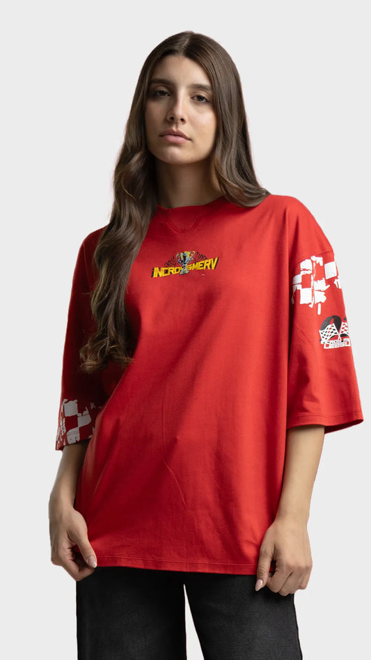 Red oversized graphic t-shirt. Incroy & Merv premium streetwear t-shirt with checkered sleeve details.