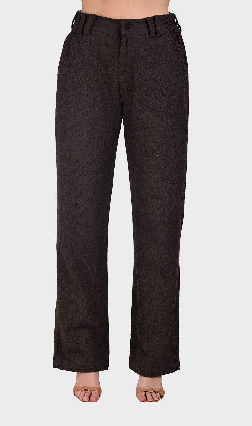 Direct front view of women's dark brown straight-leg trousers made from textured slub fabric.