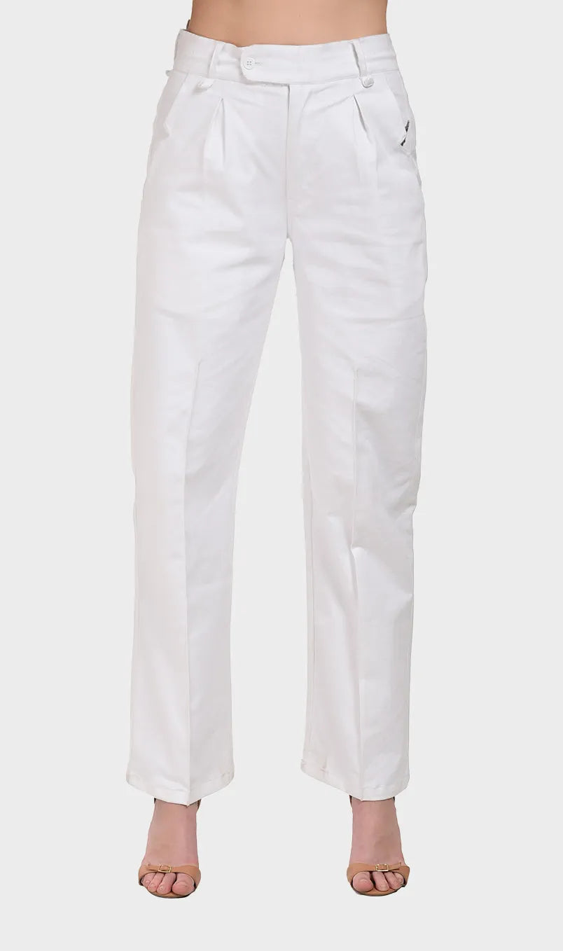 Direct front view of women's white high-waisted trousers in structured cotton Oxford fabric with front pleats.