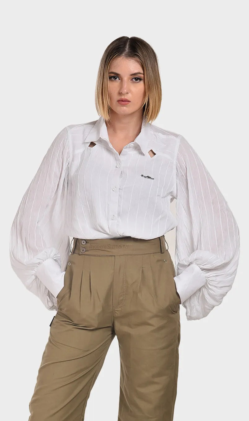 Front view of a women's white rayon button-down shirt featuring textured dobby stripes, voluminous balloon sleeves, and collar cutouts.