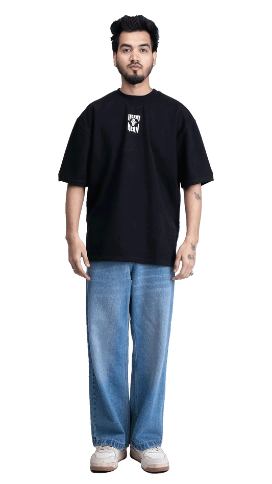 Black oversized t-shirt in a heavy loose fit with a minimal chest logo