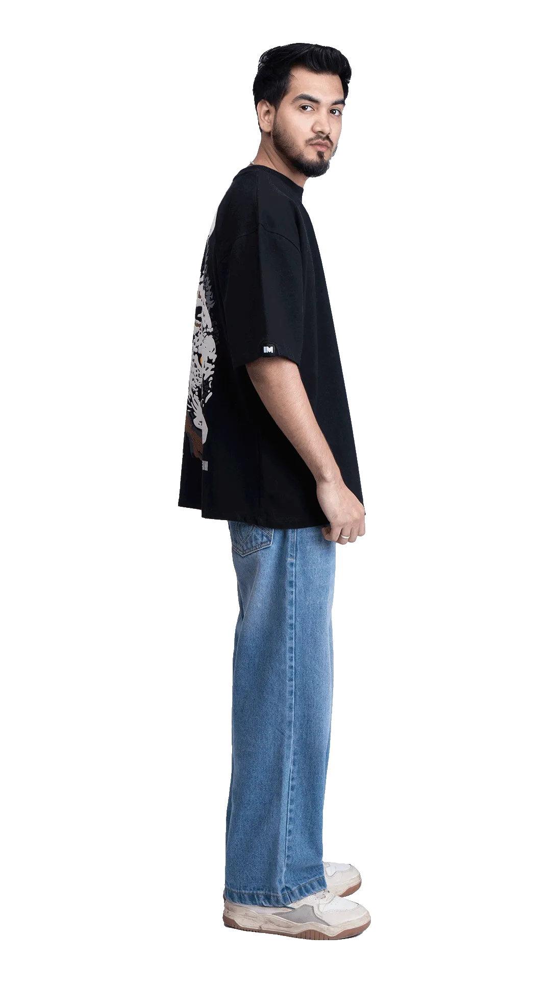 Drop shoulder black graphic tee with baggy half sleeves, loose fit streetwear aesthetic