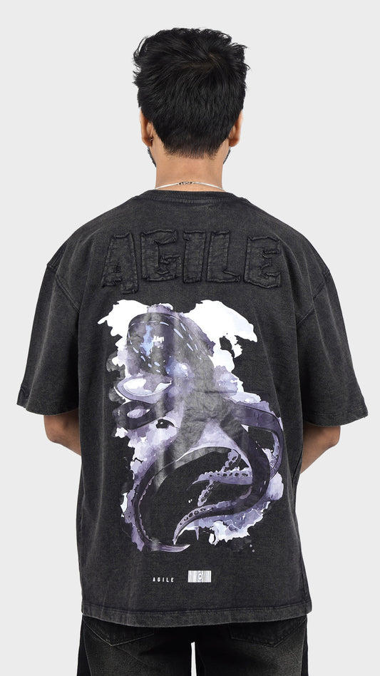 Streetwear t-shirt with back graphic. Incroy Merv Agile t-shirt featuring purple octopus print artwork.