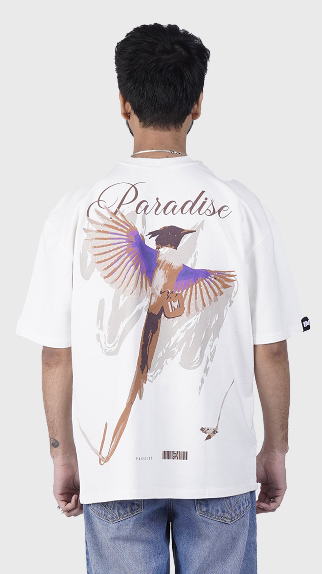 Oversized white streetwear t-shirt with Paradise bird back print by Incroy & Merv