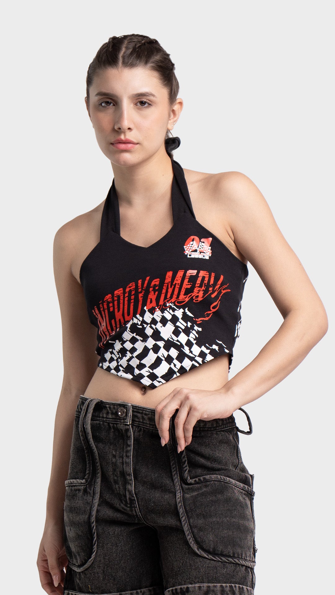 Black halter neck crop top with checkered print and racing graphic for women.