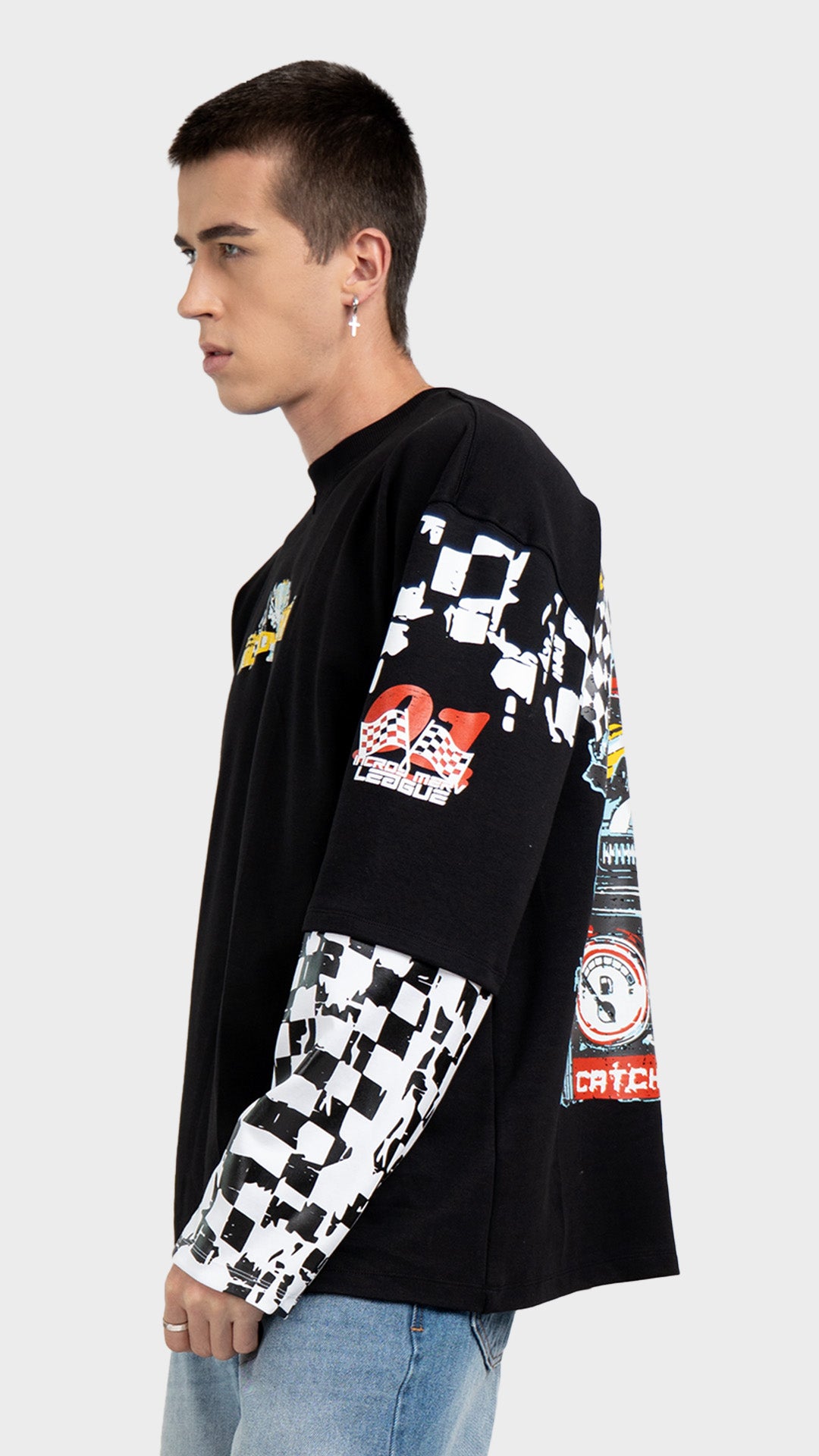 Black layered streetwear shirt with checkered sleeves. Incroy & Merv relaxed fit mediumweight summer tee showing detailed racing graphics on the arm.