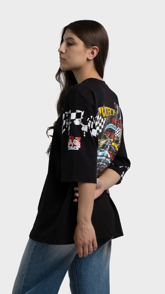 Streetwear t-shirt with checkered sleeves. Side profile view of Incroy Merv black racing graphic tee.