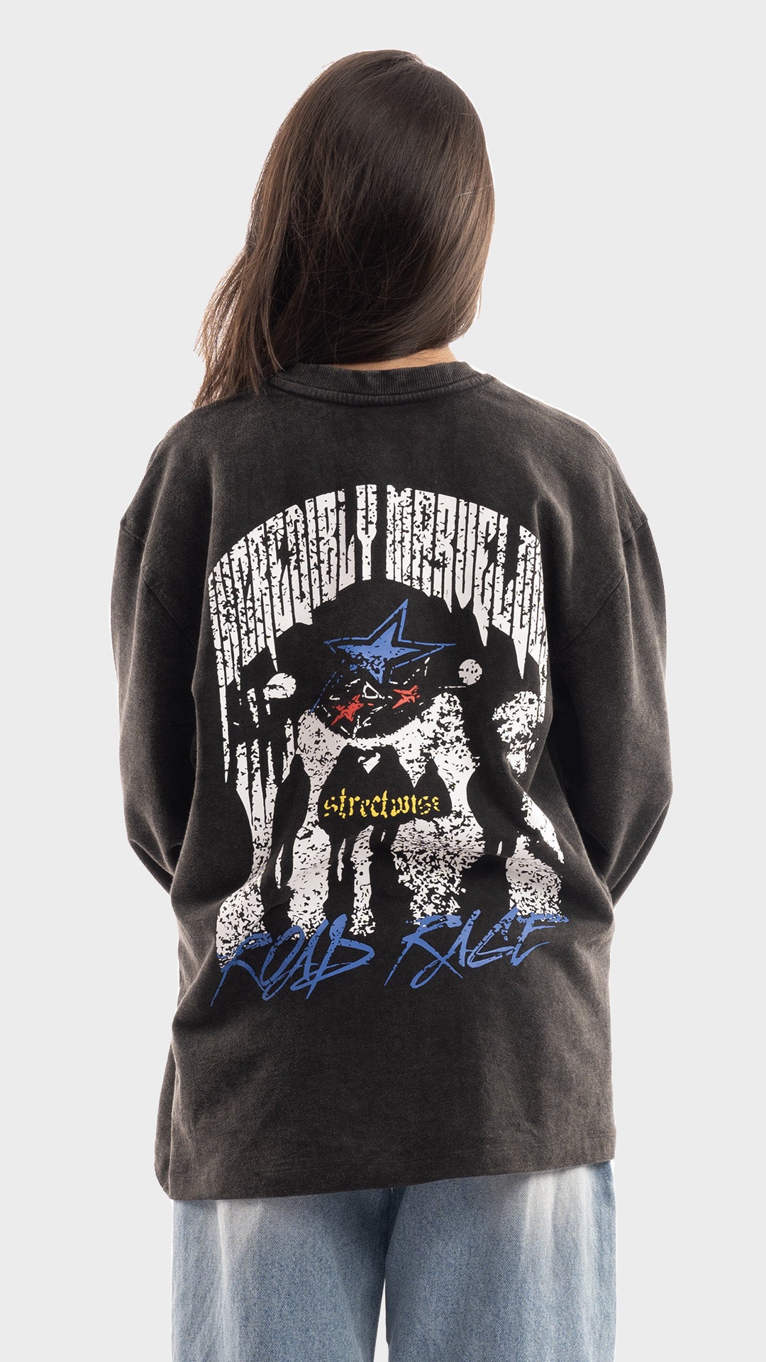 Back of charcoal grey oversized sweatshirt featuring a large white skull and Road Rage print.