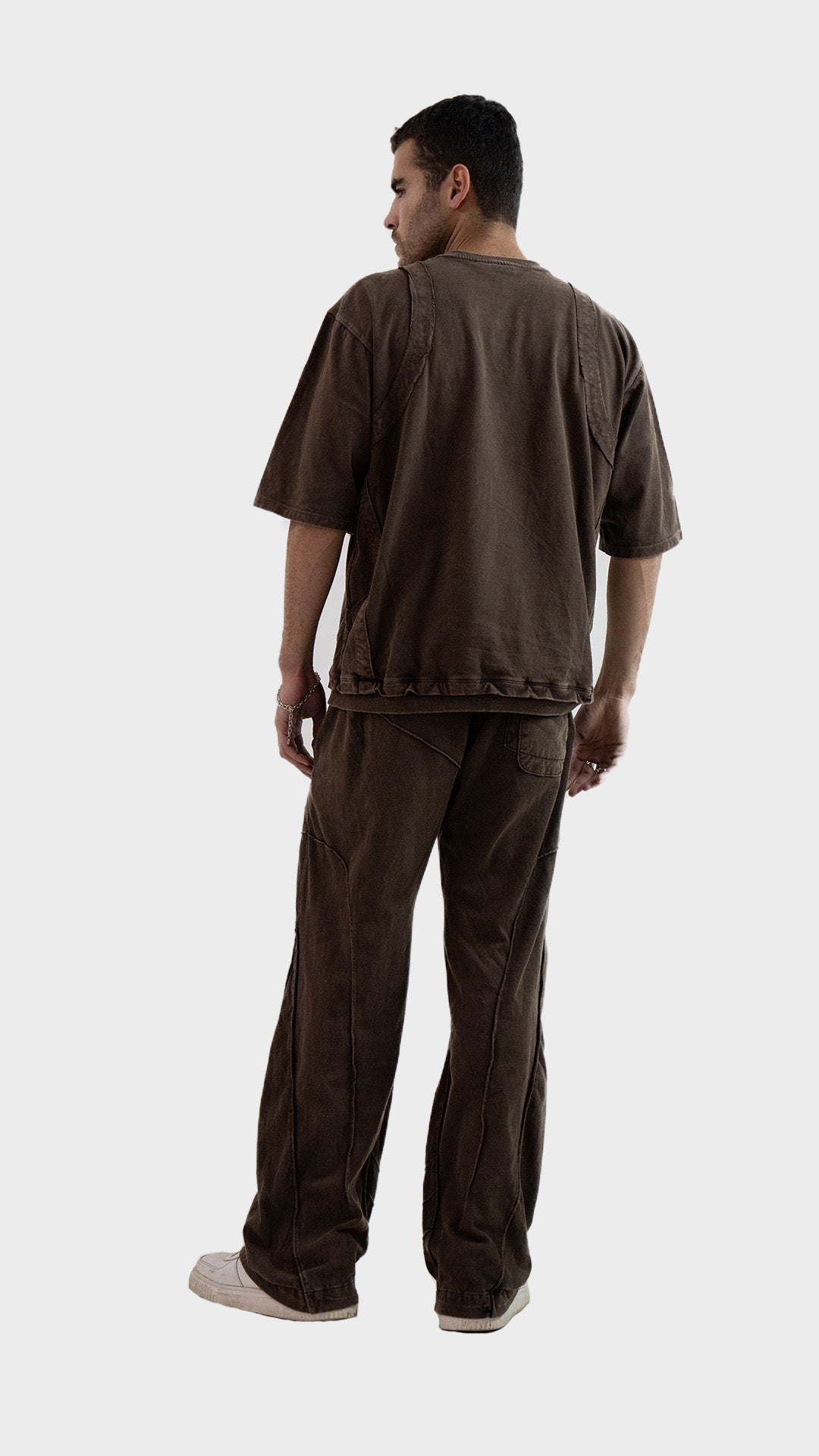 Back view of the Incroy and Merv Brown Beyond Co-Ord Set showcasing the oversized fit and acid wash finish.