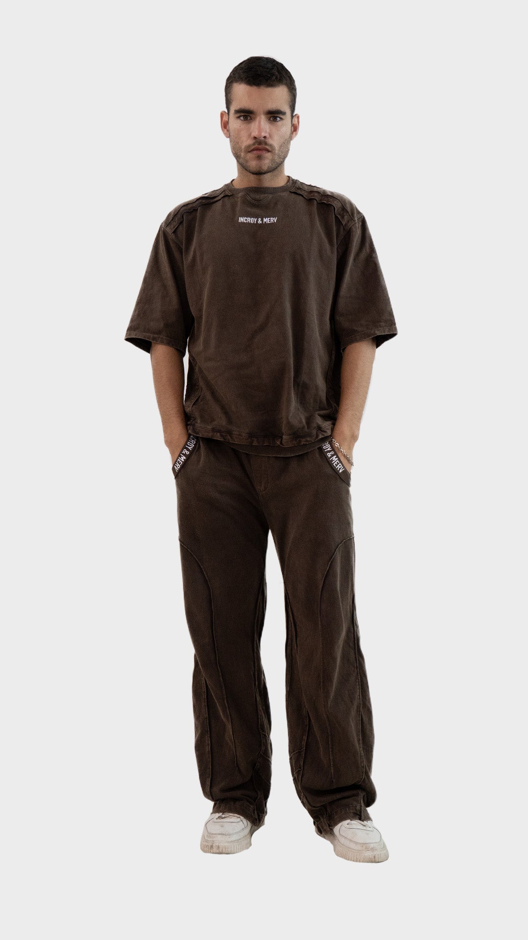 Full body look of the Incroy and Merv Beyond T-Shirt paired with matching rustic brown lowers co-ord set.
