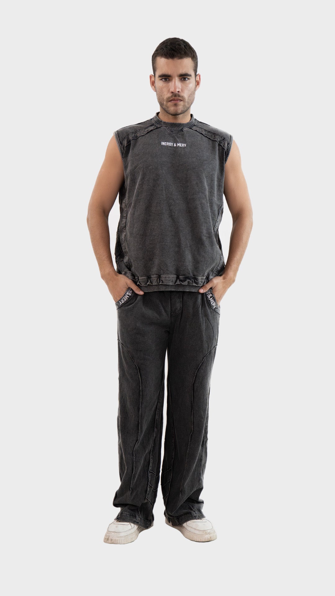 Full length view of the Incroy and Merv Beyond Tank Top in Charcoal paired with matching charcoal lowers co-ord set.