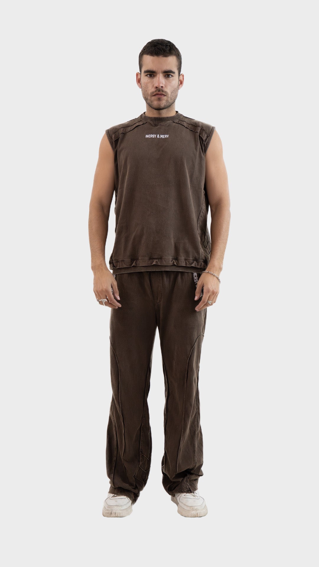 Full length view of the Incroy and Merv Beyond Tank Top in Rustic Brown paired with matching brown lowers co-ord set.