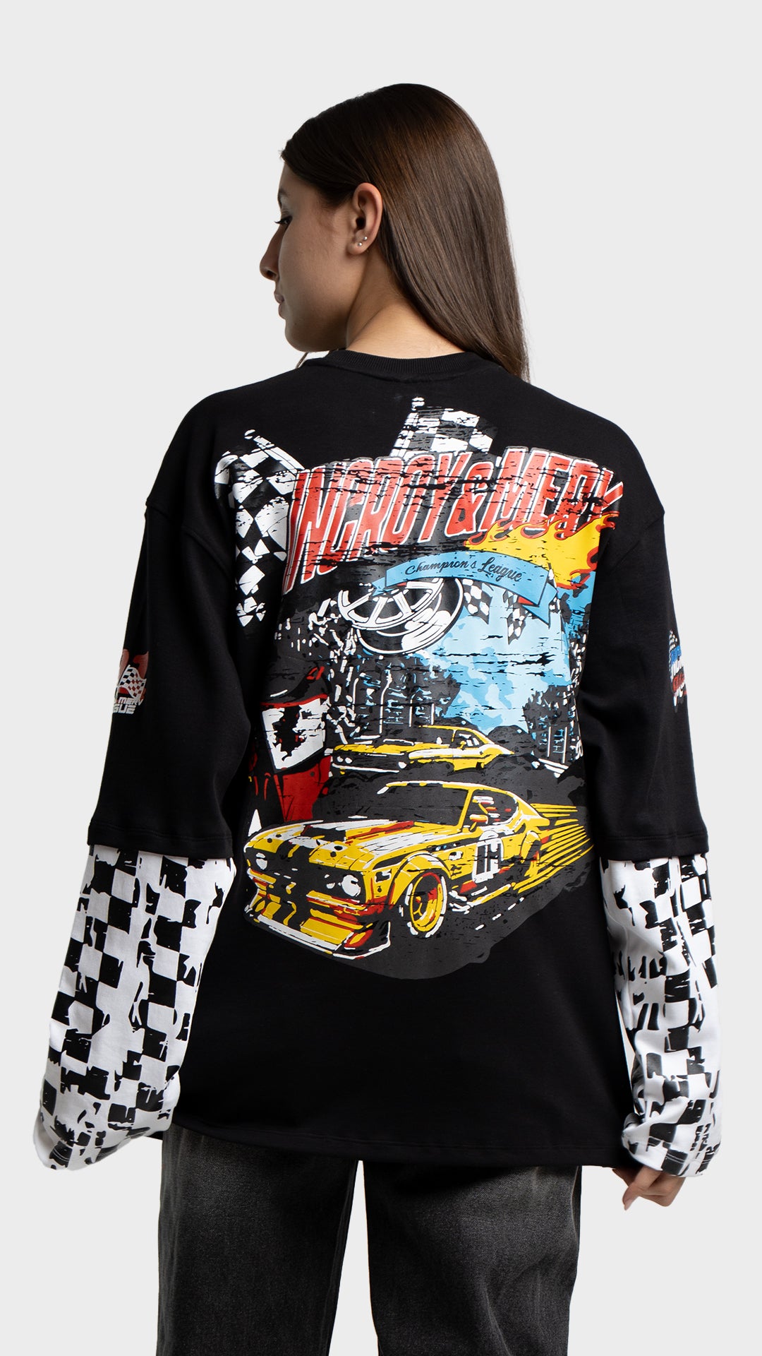 Yellow race car graphic on the back of a black Incroy & Merv streetwear t-shirt.