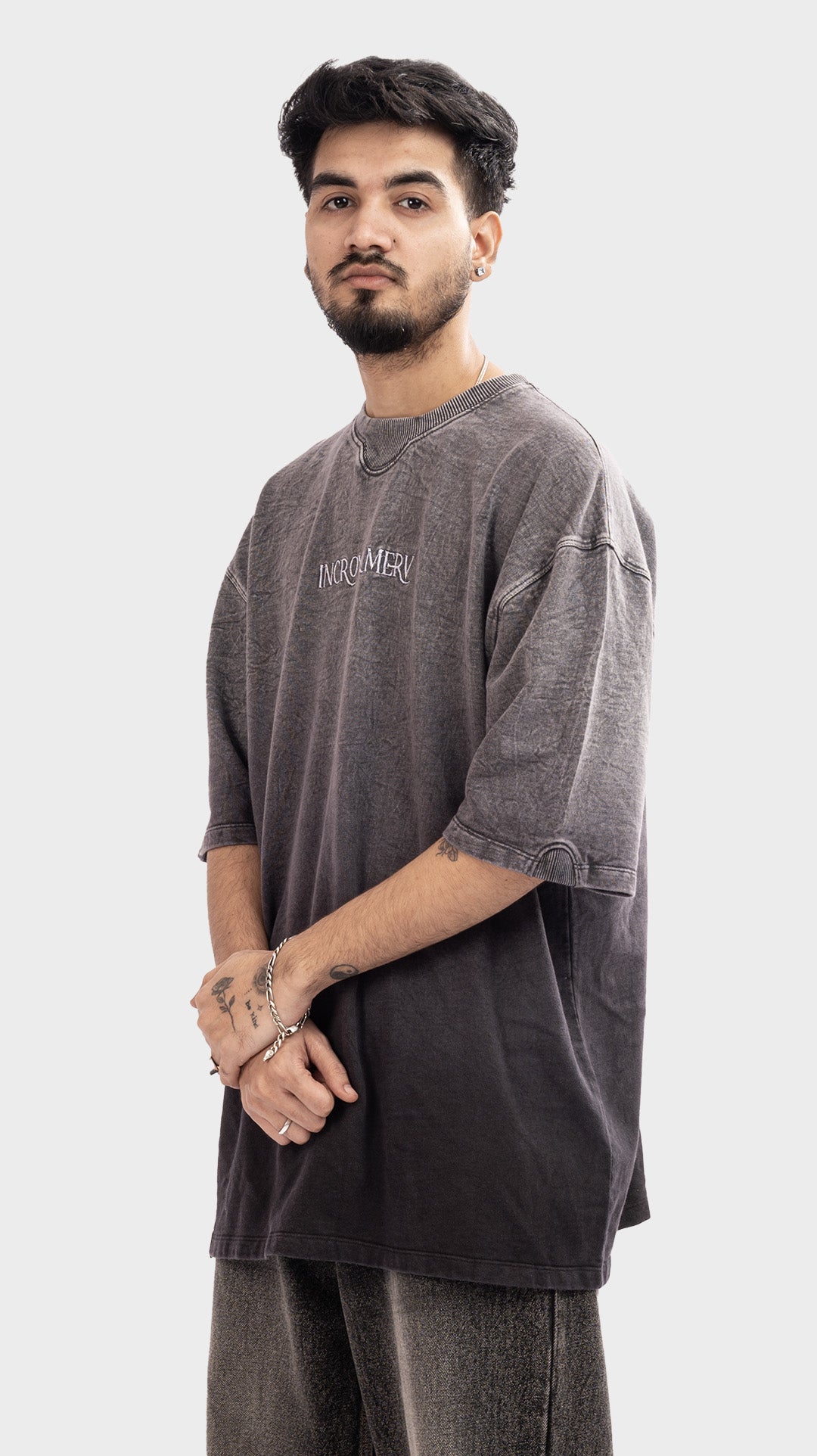 Side angle profile of Incroy & Merv relaxed fit washed charcoal heavyweight t-shirt.