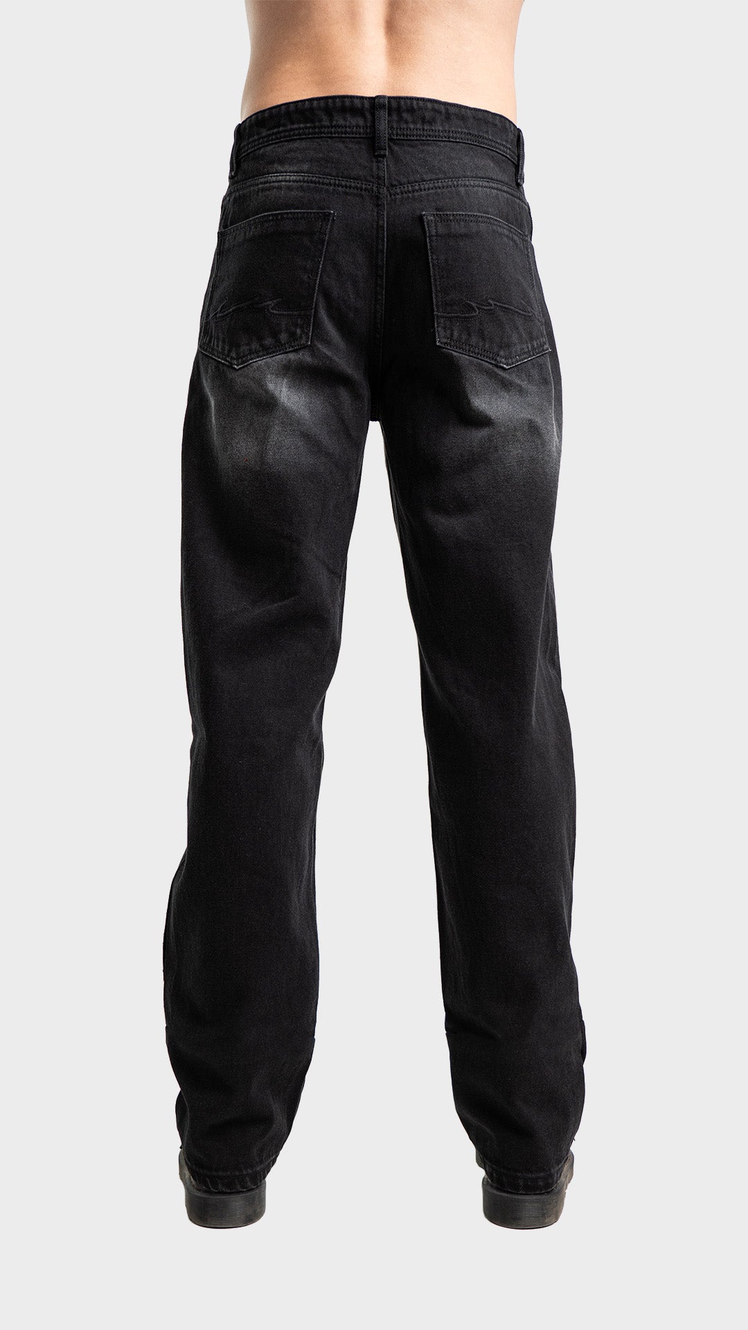 Back pockets and fit view of men's wide leg dark grey denim jeans by Incroy & Merv.