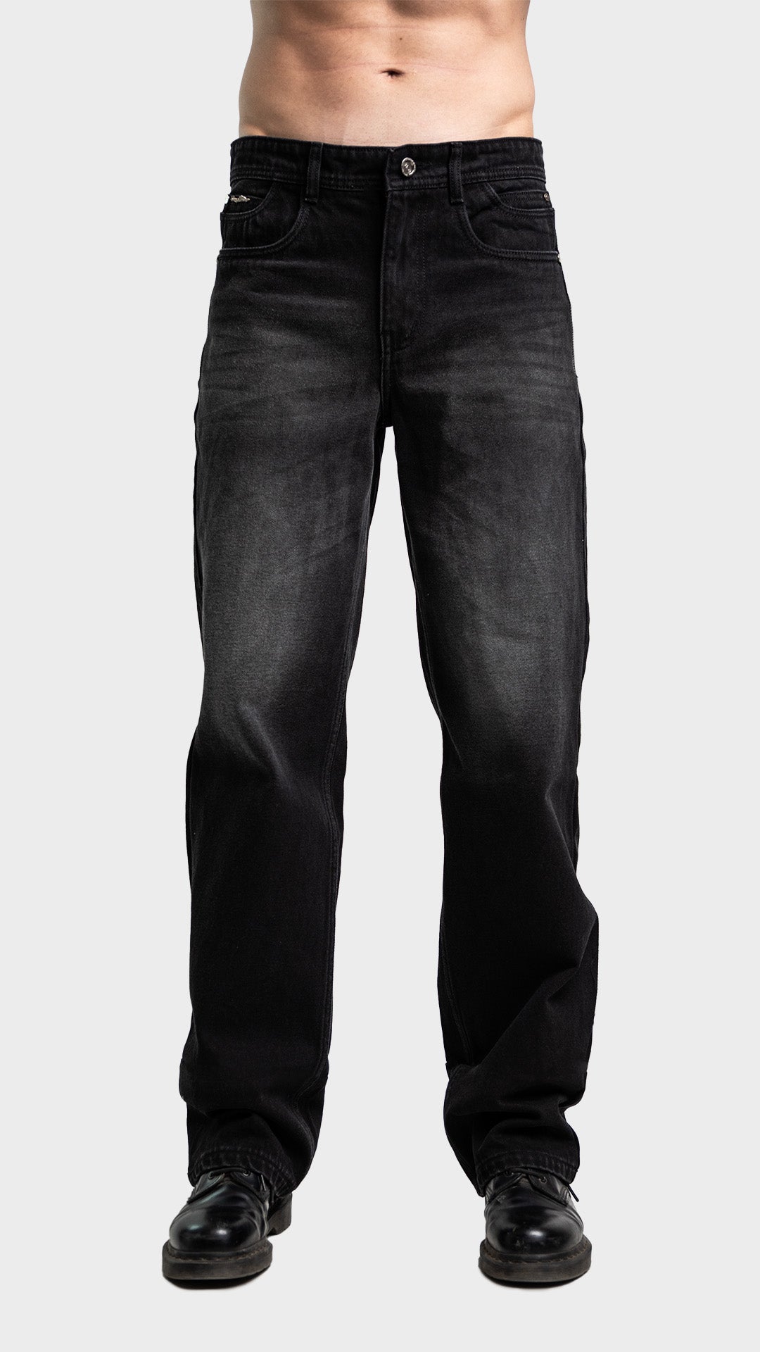 Incroy & Merv men's baggy loose fit acid wash black denim jeans.