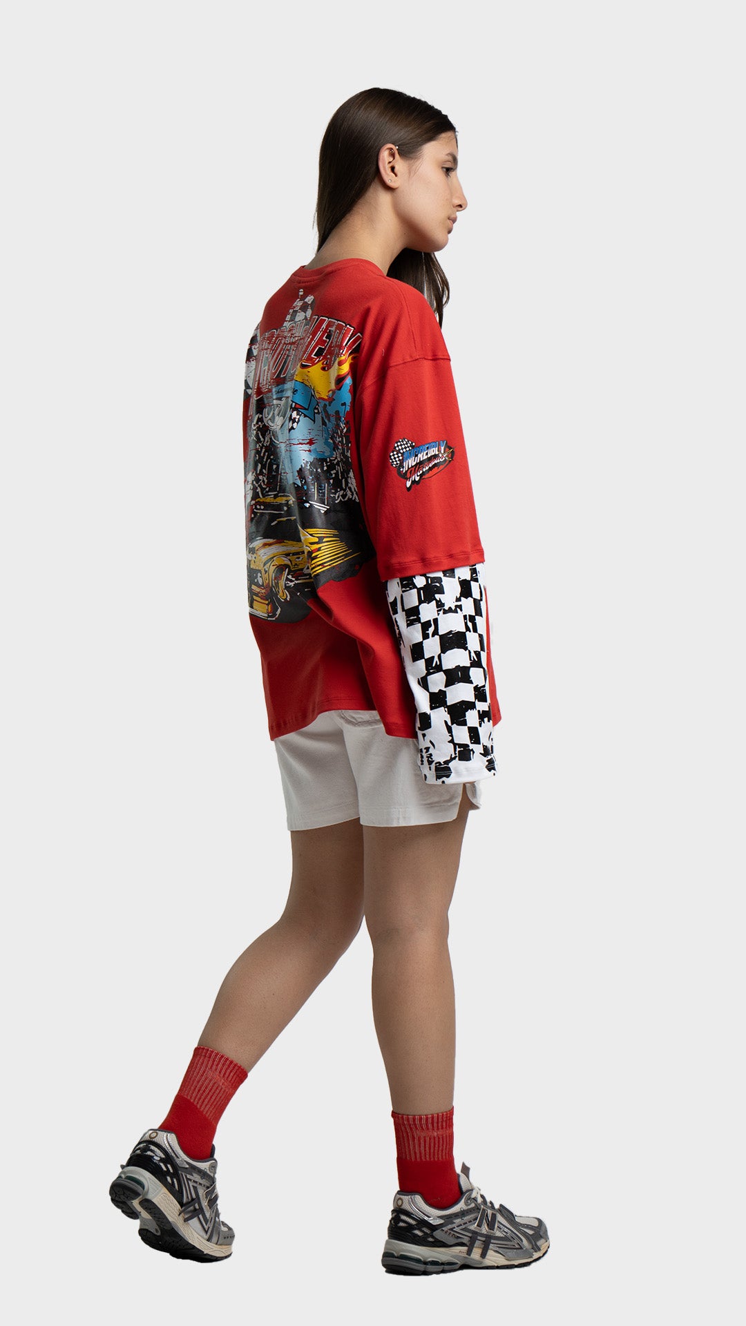 Full body back view of an Incroy & Merv red oversized streetwear t-shirt.