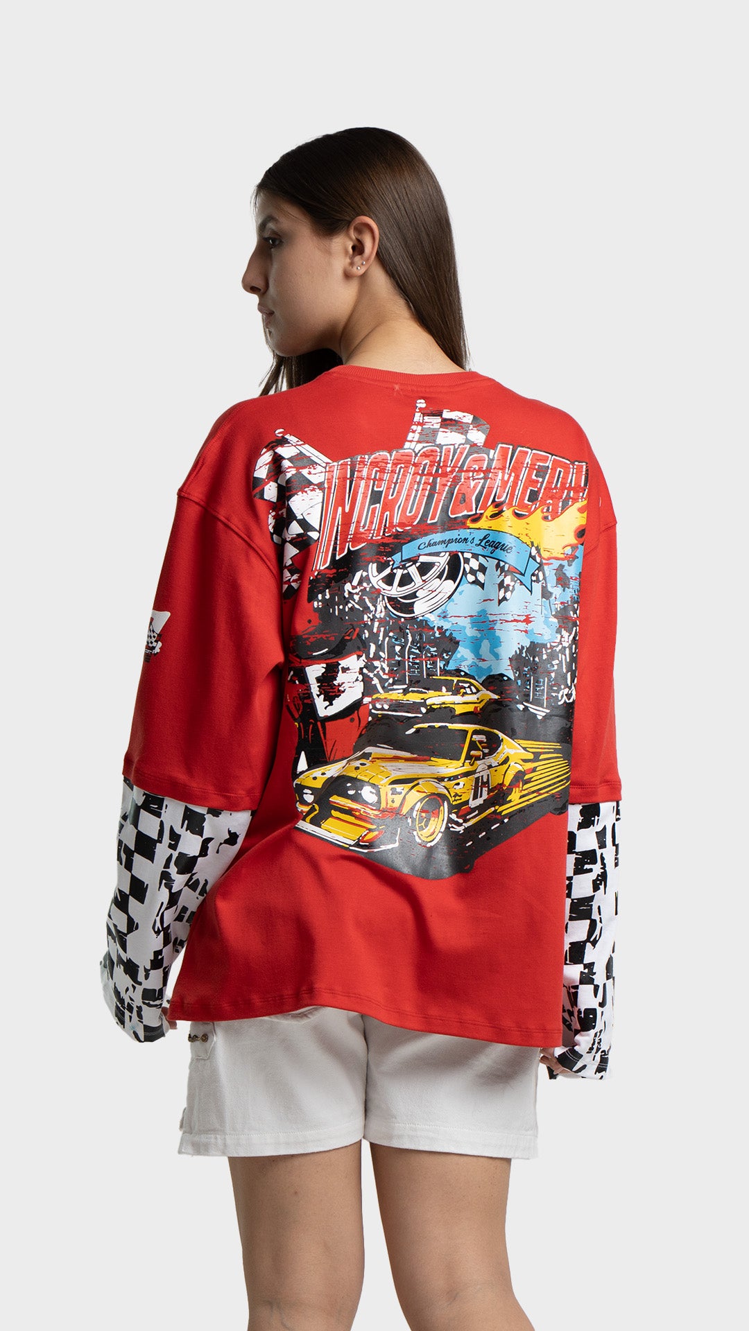 Yellow race car graphic on the back of a red Incroy & Merv streetwear t-shirt